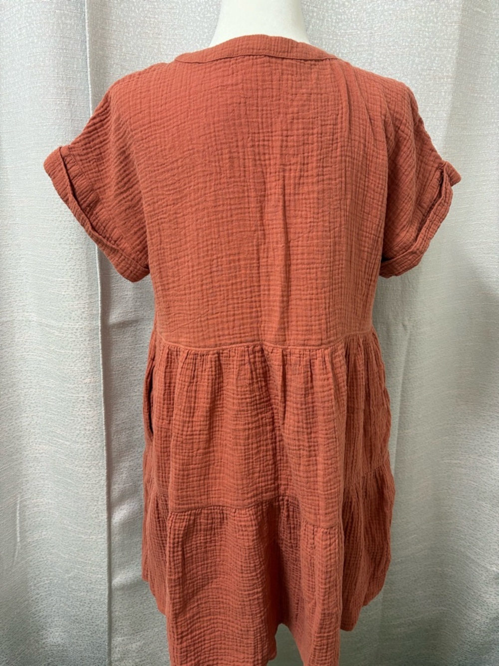 Madewell Lightspun Cuff-Sleeve Button-Front Tiered Mini Dress Boho Size Medium - Picture 5 of 11